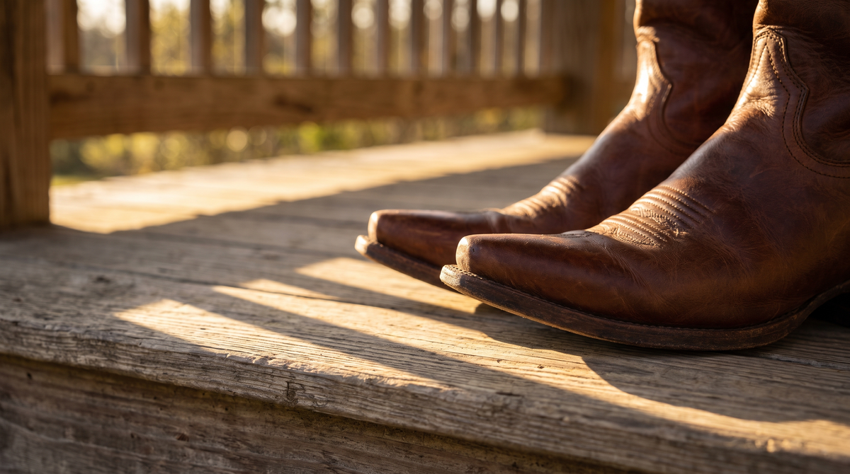 Close view of brown leather cowboy boots with a narrow snip toe on a porch step