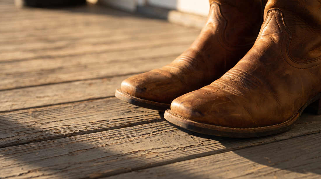 Close view of tobacco brown cowboy boots with a broad square toe on porch boards