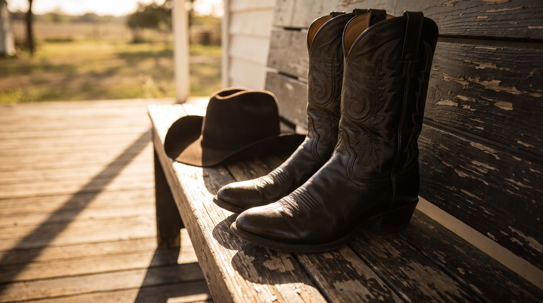 Black leather cowboy boots on a porch bench beside a dark felt hat
