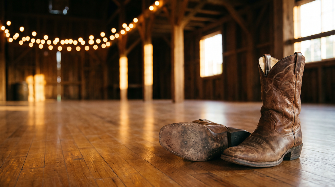 Worn cowboy boots with leather soles on a wooden dance hall floor under string lights