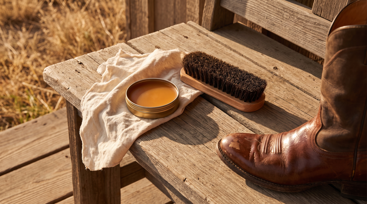An open tin of leather conditioner, a cotton cloth and a horsehair brush on a porch bench beside a brown cowboy boot