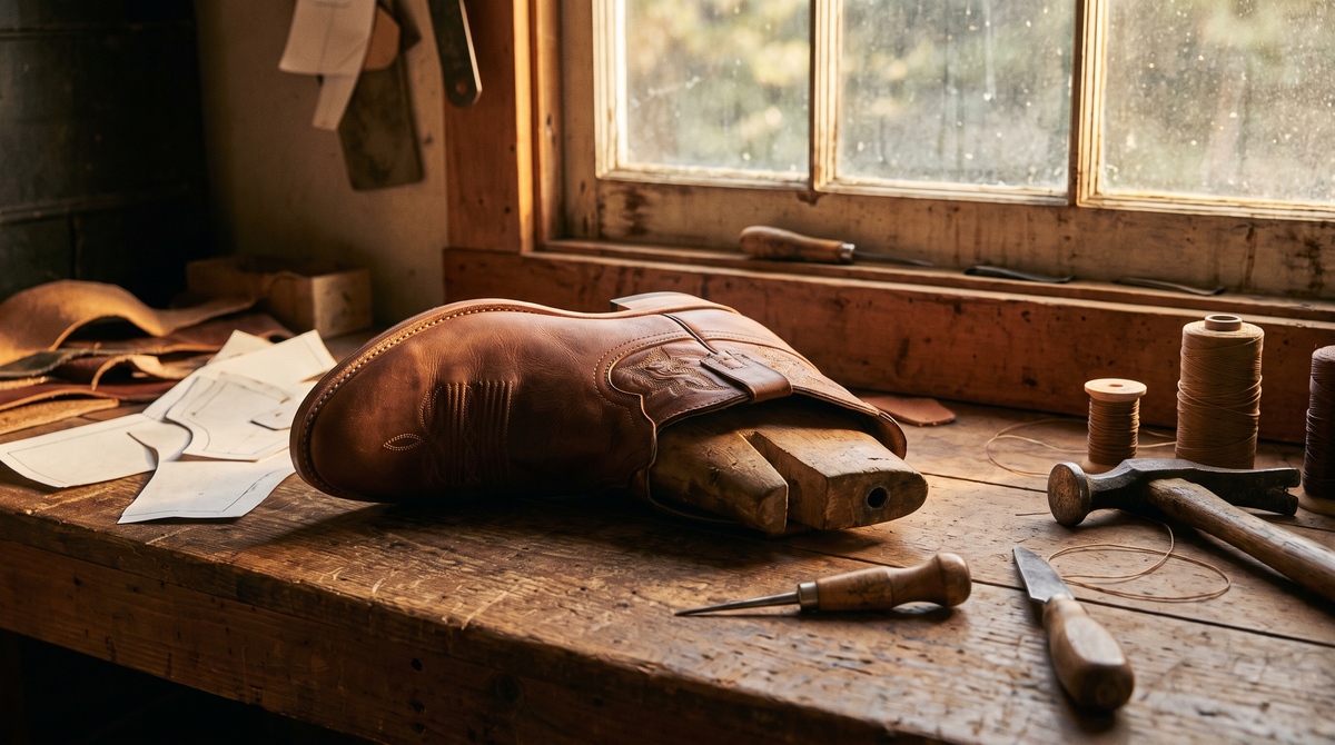 A half-finished brown leather cowboy boot on a wooden last on a bootmaker's bench with paper patterns, an awl, a hammer and spools of thread