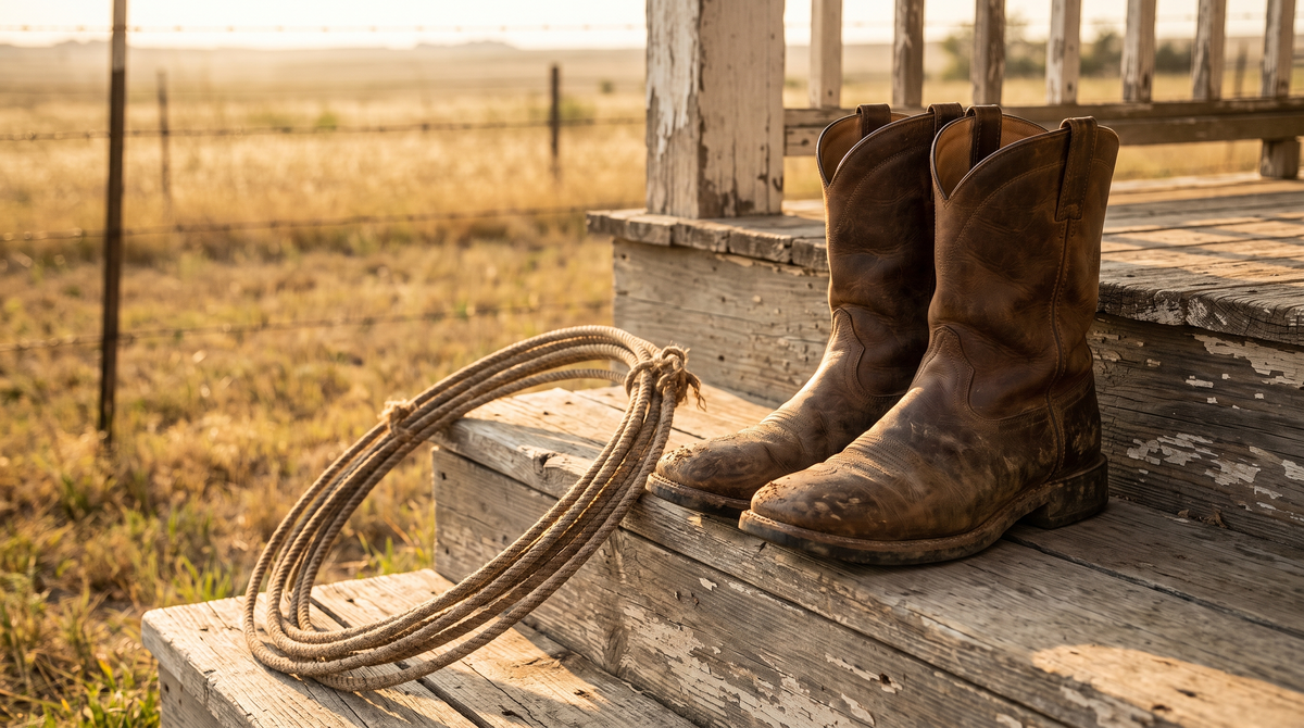 A pair of worn brown square-toe western work boots on weathered porch steps beside a coiled lariat, ranch fence behind