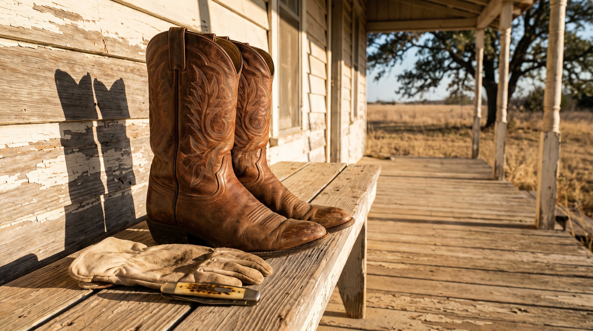 Brown leather cowboy boots with stitched shafts on a farmhouse porch bench beside work gloves and a pocketknife