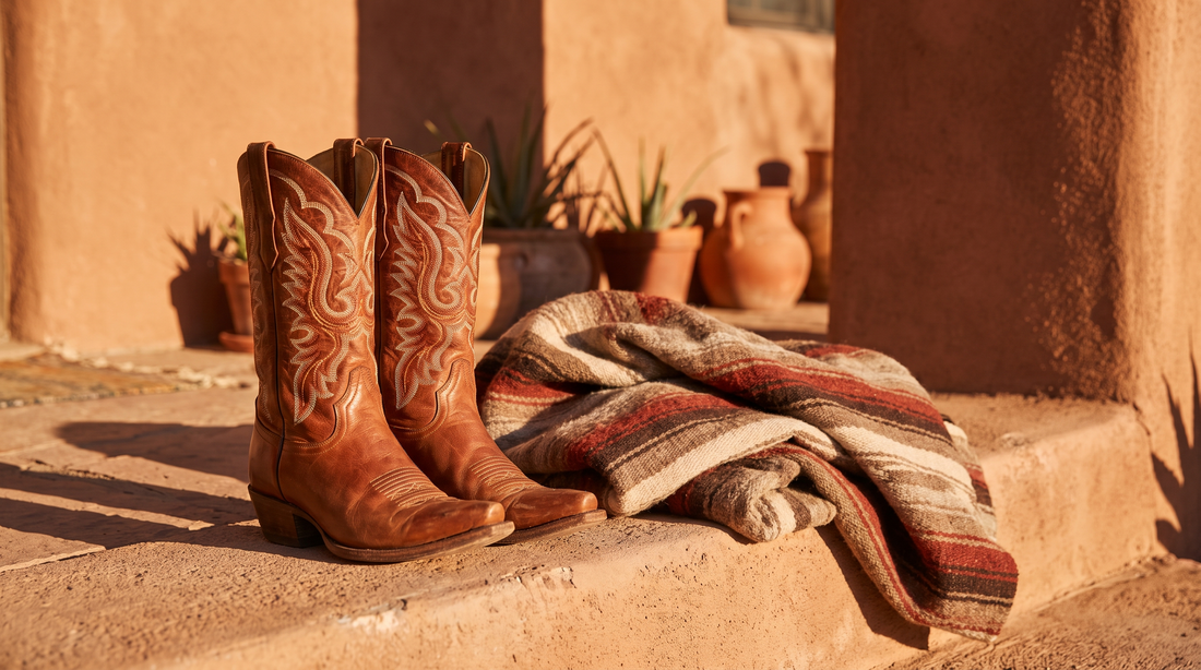 Cognac snip-toe cowboy boots with stitched shafts on an adobe step beside a folded woven blanket and clay pots