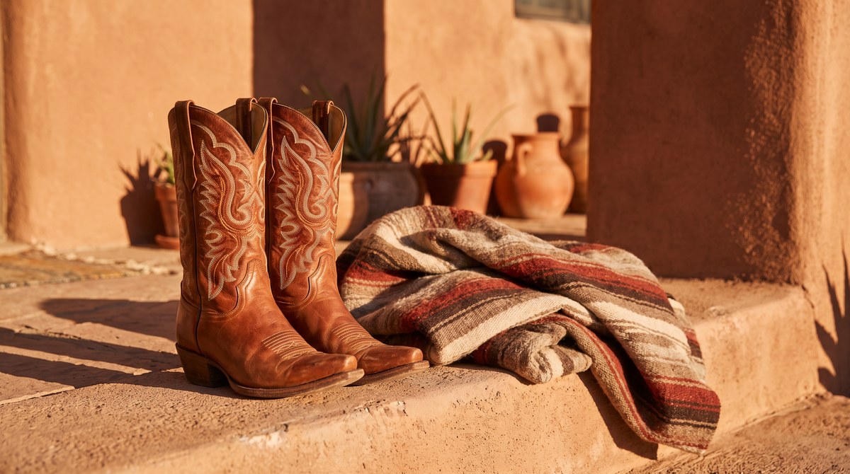 Cognac snip-toe cowboy boots with stitched shafts on an adobe step beside a folded woven blanket and clay pots