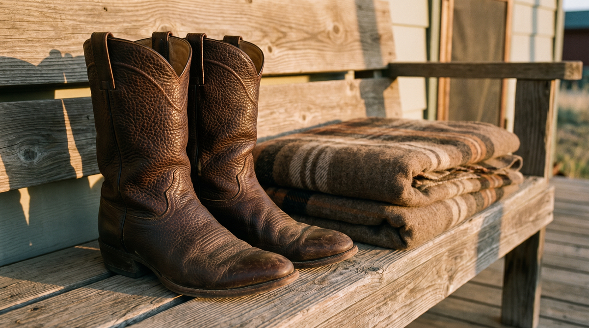 Dark brown bison leather cowboy boots with a pebbled grain on a porch bench beside a folded wool blanket