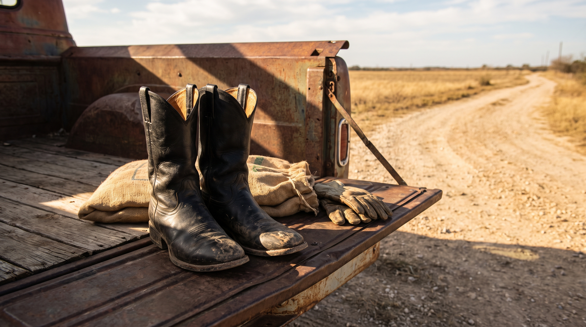 Black square-toe cowboy boots on the tailgate of an old pickup beside a feed sack and work gloves, a dirt road behind