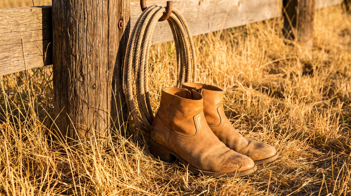Tan leather roper boots in dry grass beside a weathered corral post with a coiled rope