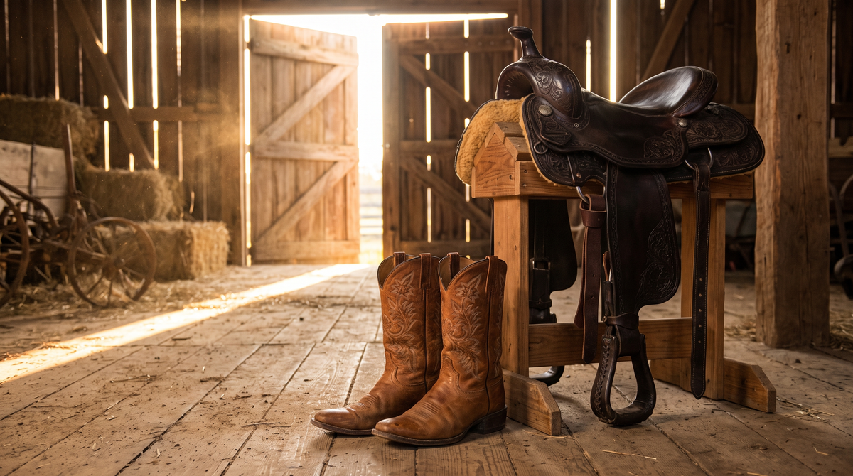 Brown cowboy boots with stitched shafts on a barn floor beside a leather saddle on a stand, light through the barn doors