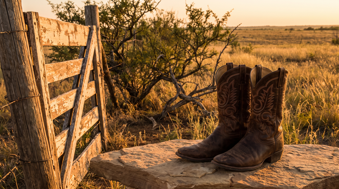 Dark brown cowboy boots with stitched shafts on a flat stone beside an old ranch gate and mesquite