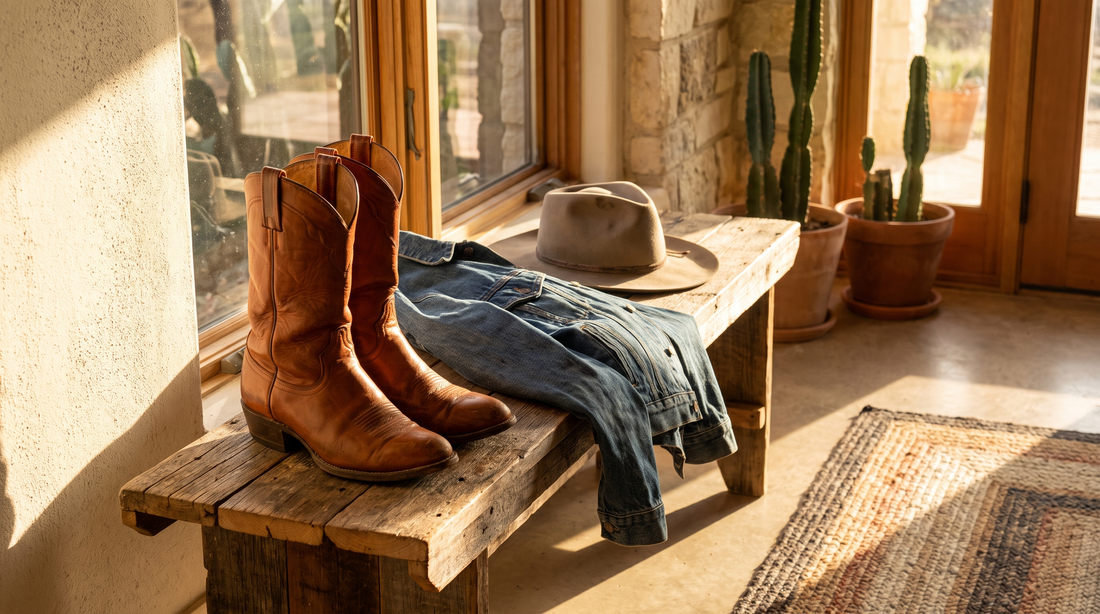 Cognac cowboy boots on an entryway bench beside a denim jacket and a felt hat in a sunlit stone house