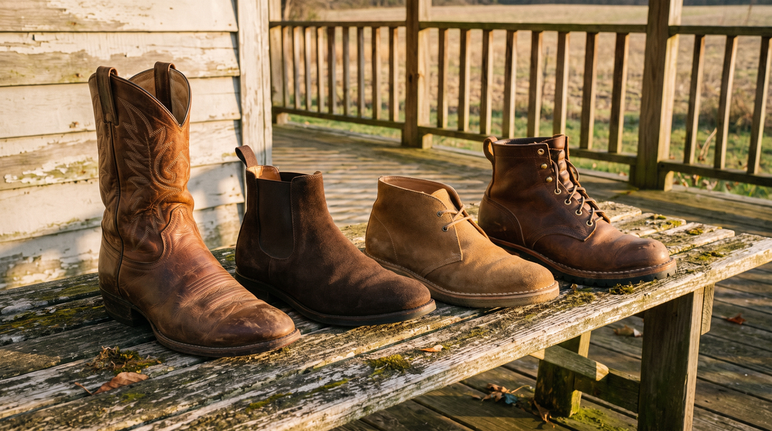 Four men's boots on a weathered porch bench: a cowboy boot, a suede chelsea boot, a chukka and a lace-up boot