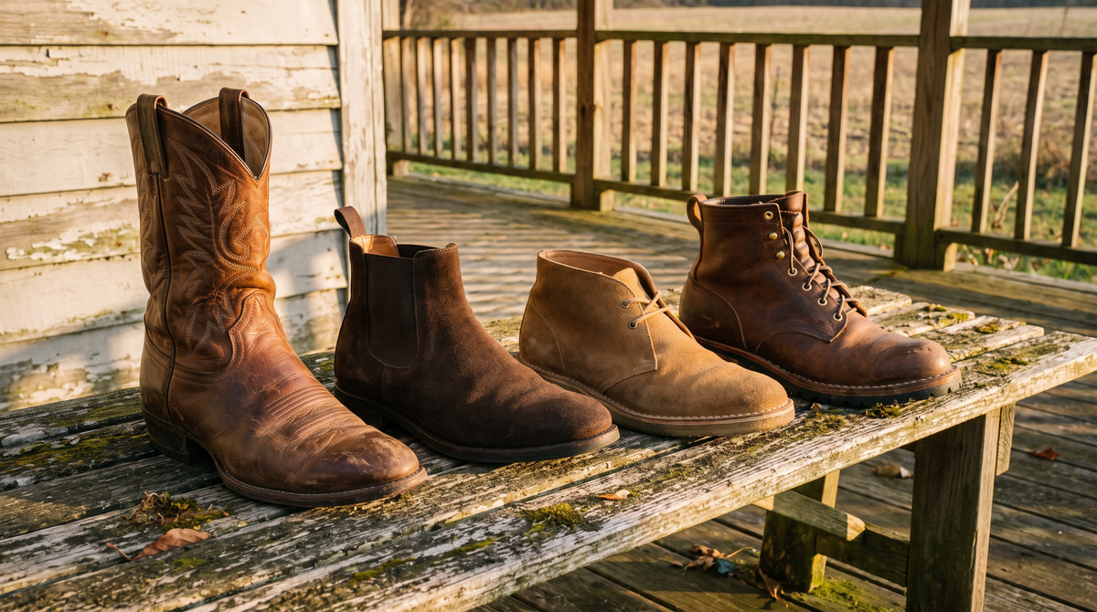 Four men's boots on a weathered porch bench: a cowboy boot, a suede chelsea boot, a chukka and a lace-up boot