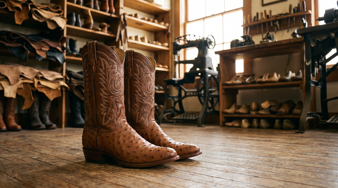 Brown full-quill ostrich cowboy boots with stitched shafts on the wooden floor of an old bootmaker's shop, hides and boot lasts on the shelves behind