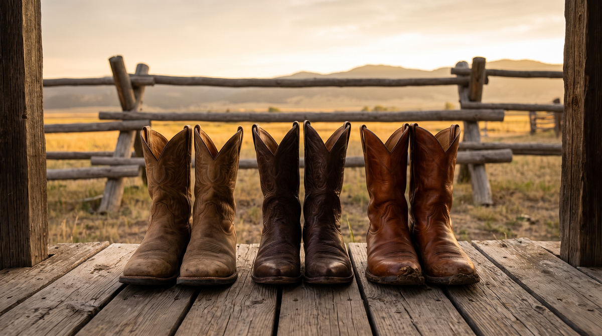 Three pairs of worn cowboy boots, tan, dark brown and cognac, side by side on a wooden porch with a ranch fence and evening light behind