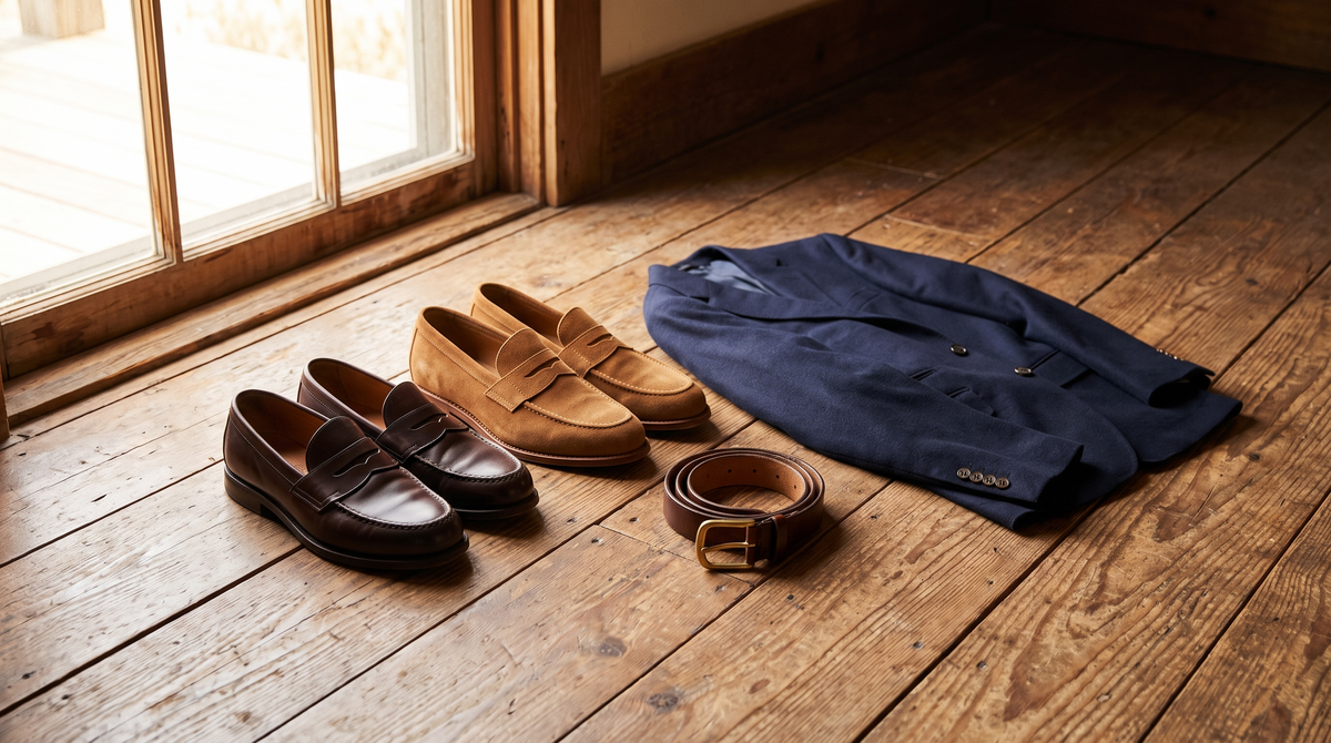 Dark brown leather penny loafers and tan suede loafers on a wooden floor beside a folded navy blazer and a leather belt