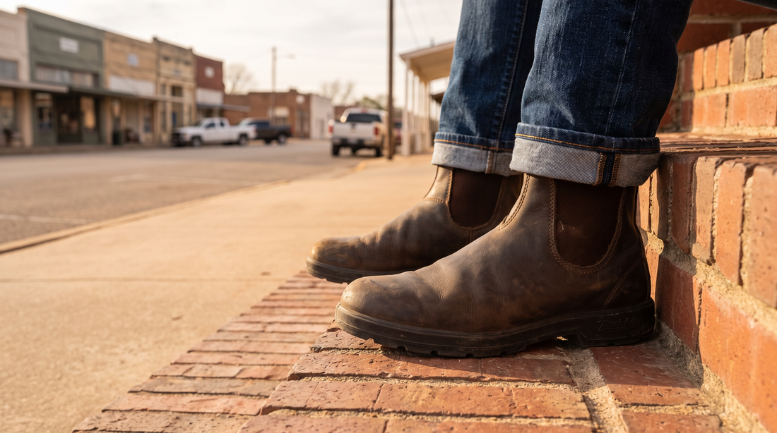 Dark brown leather Chelsea boots under cuffed dark denim on old brick steps, a small Texas town street behind