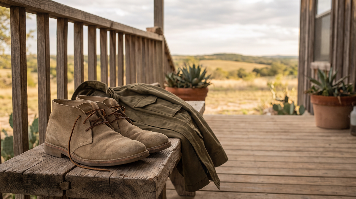 Sand-colored suede chukka boots on a weathered wooden bench beside a green field jacket, a Texas porch behind