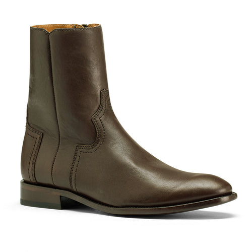 The Heritage Boot in brown leather, side-zip design, angled view.