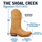 Infographic for The Shoal Creek in tan leather: sizing, stripe, and toe details