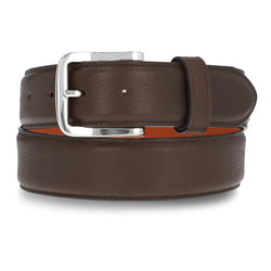 The Classic Belt in bourbon calfskin with a brushed silver buckle