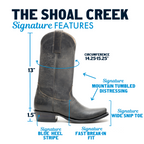 Infographic for The Shoal Creek: 13-inch shaft, 1.5-inch heel, blue heel stripe, snip toe