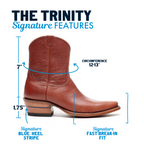 Diagram of The Trinity boot in cognac-brown showing 7-inch shaft and blue heel stripe