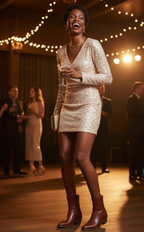 Woman in a sequin party dress laughs under string lights in cognac Trinity boots