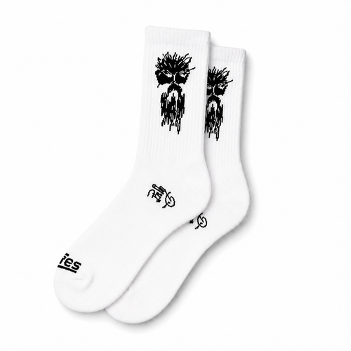 BFG Boot Socks in white, folded pair showing the bearded logo knit-in.