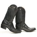 Boot Fringe in Friesian Dressage Black with star studs on black leather boots.