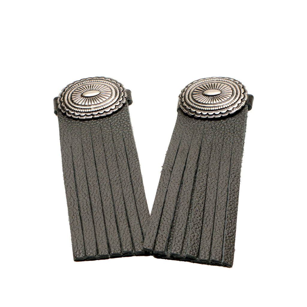 Boot Tassel pair in charcoal gray leather fringe with silver conchos, laid flat