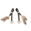 Feathered Boot Charm pair in black leather with heart charms and speckled feathers.