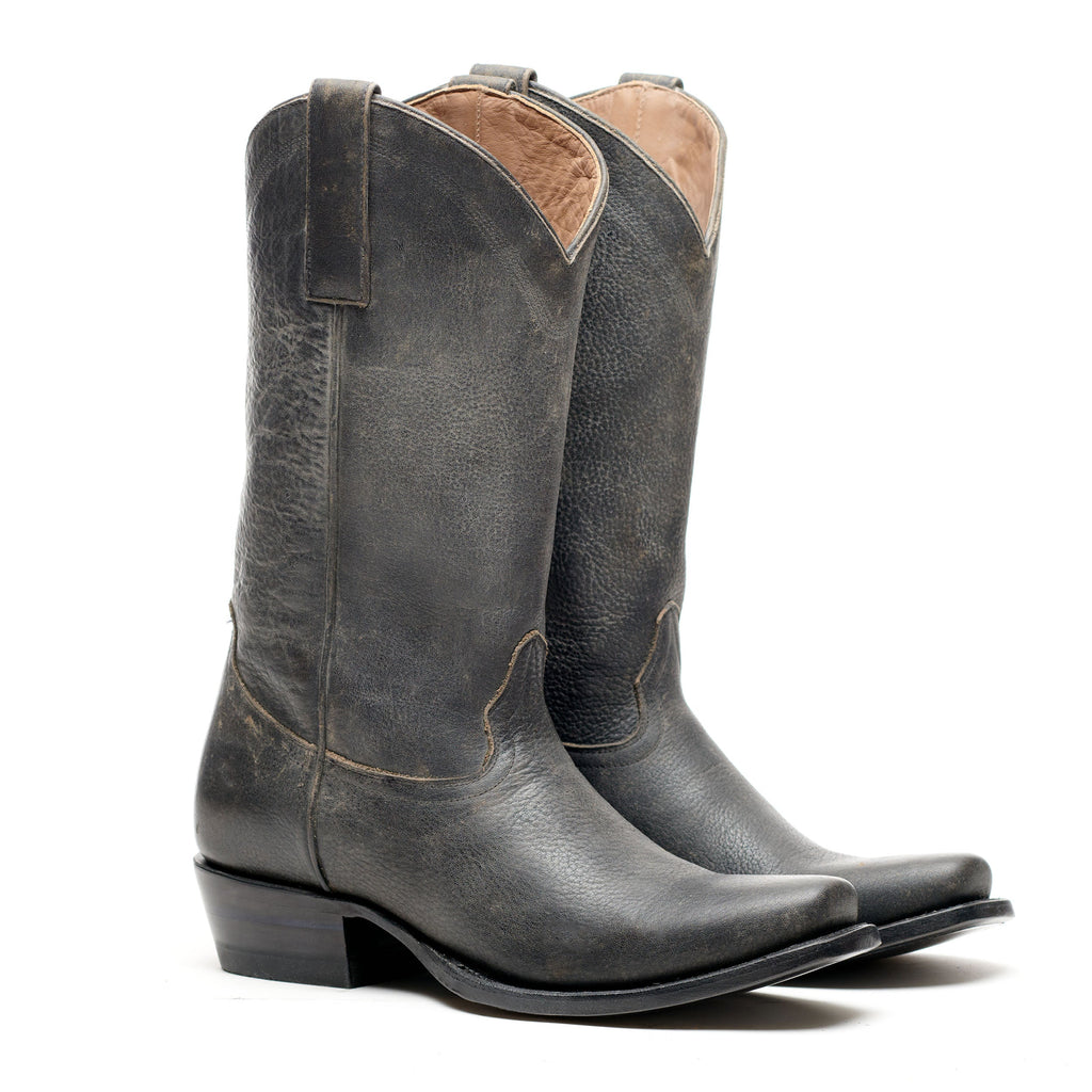 The Shoal Creek boots in weathered black leather, paired studio shot, square toe