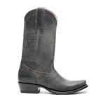 The Shoal Creek single boot in black leather, side profile studio shot