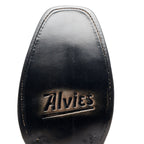Close-up of The Shoal Creek black leather sole stamped with the Alvies logo