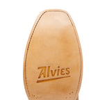 Close-up of The Shoal Creek tan leather sole embossed with the Alvies logo