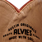 Close-up inside The Trinity boot showing the Alvies Austin Originals leather stamp
