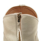 Close-up of the collar and zipper on The Trinity boot in champagne leather