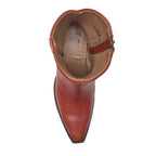 Top-down view into a cognac Trinity boot showing tan lining stamped Made With Soul