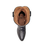 Top-down view into The 6th Street black python boot, tan leather lining visible.