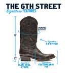 Infographic for The 6th Street: 13in shaft, blue heel stripe, 5-A stitch, brown python.