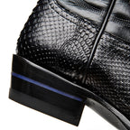 Close-up of the black stacked heel with signature blue stripe on The 6th Street.