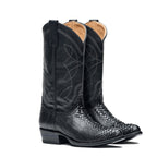 The 6th Street python boots, black, angled front pair view on white.