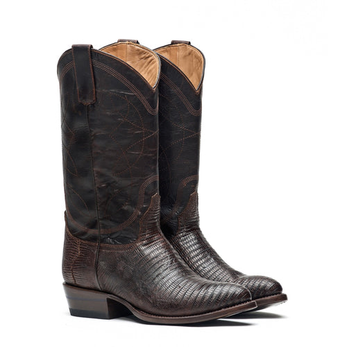 The Congress cowboy boots in Big Bend Brown teju lizard, paired on white background.