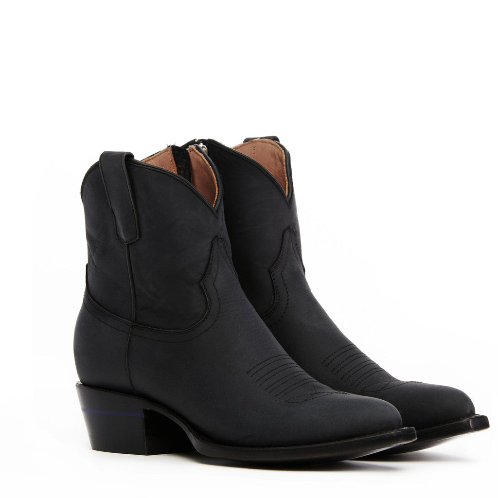 The Rainey ankle boots in matte black leather, three-quarter pair view on white.