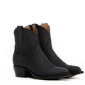 The Rainey ankle boots in matte black leather, three-quarter pair view on white.