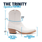 Diagram of The Trinity boot in white showing 7-inch shaft height and blue heel stripe