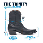 Diagram of The Trinity boot in black showing 7-inch shaft height and blue heel stripe